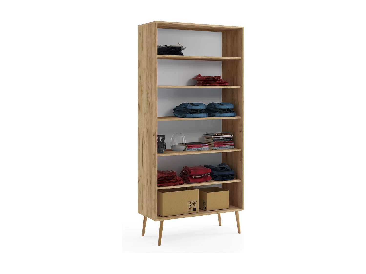 Armario Alto con 5 Estantes – Color Roble 212x87x41 cm  – Diseño Escandinavo para Dormitorio o Salón