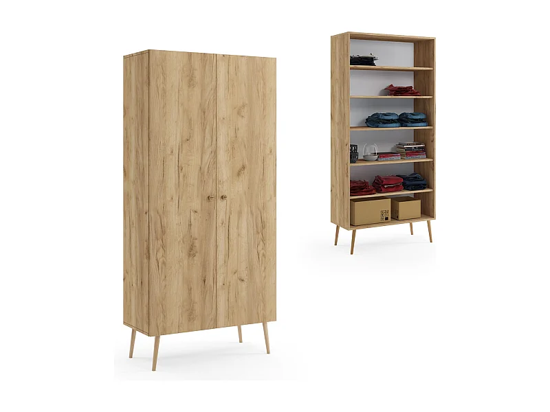 Armario Alto con 5 Estantes – Color Roble 212x87x41 cm  – Diseño Escandinavo para Dormitorio o Salón
