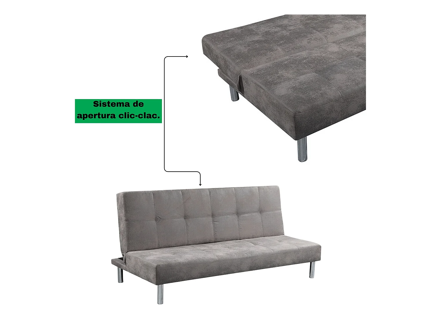 Sofá Cama 3 Plazas de Diseño Moderno, Estructura de Madera, Tapizado Color Cemento, 188x88x88 cm