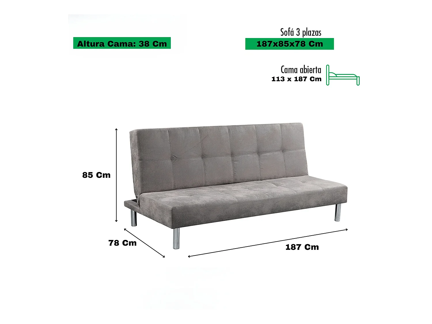 Sofá Cama 3 Plazas de Diseño Moderno, Estructura de Madera, Tapizado Color Cemento, 188x88x88 cm