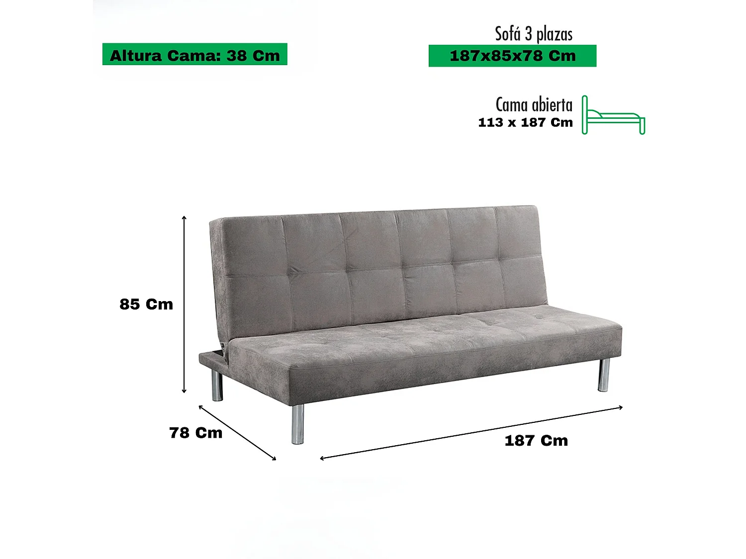Sofá Cama 3 Plazas de Diseño Moderno, Estructura de Madera, Tapizado Color Cemento, 188x88x88 cm