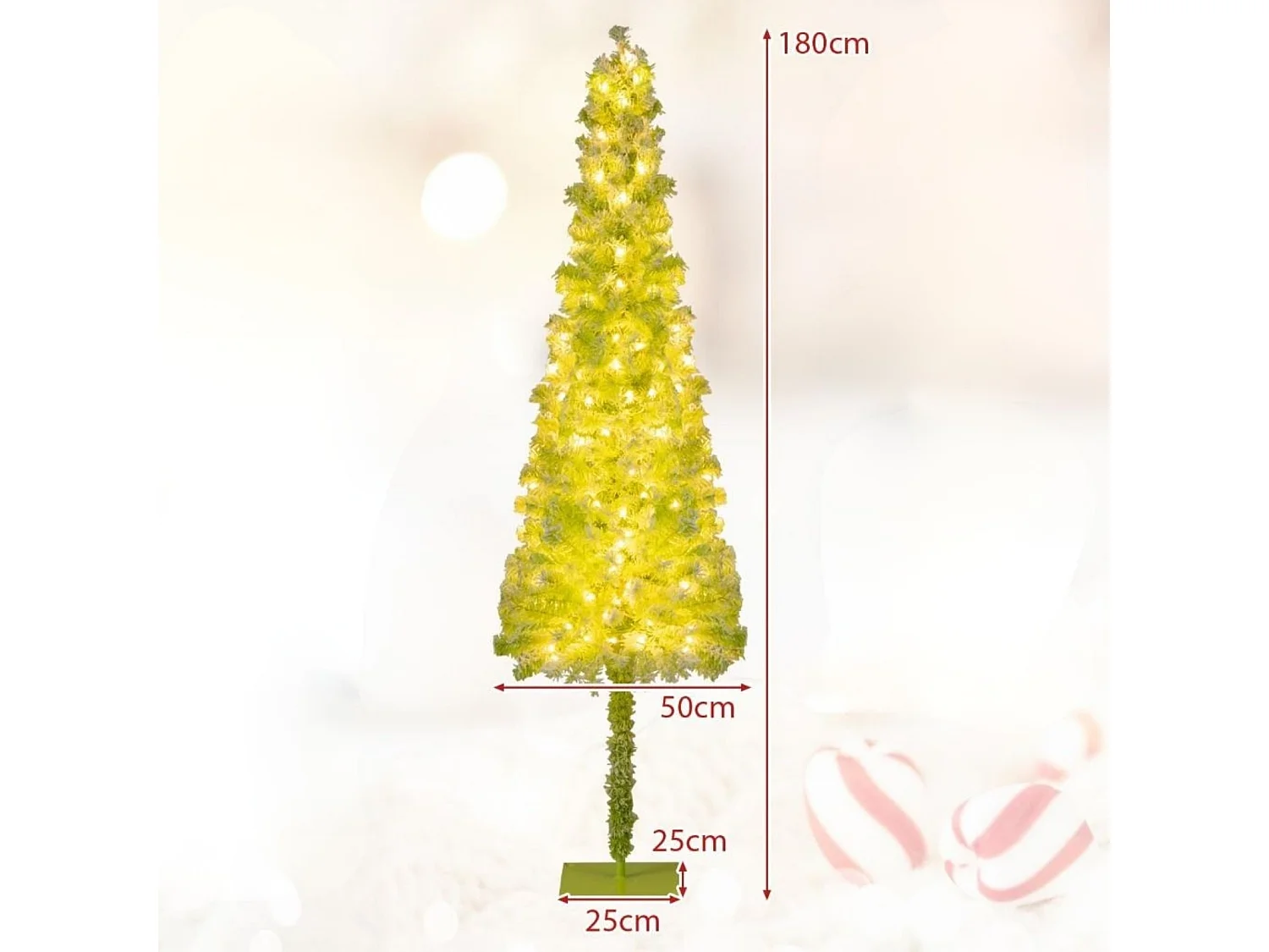 Sapin de Noël Artificiel Pré-éclairé de 180 cm avec Embout Flexible 290 Branches 120 LED Blanc Chaud 8 Modes Forme Crayon Fine et Incurvée
