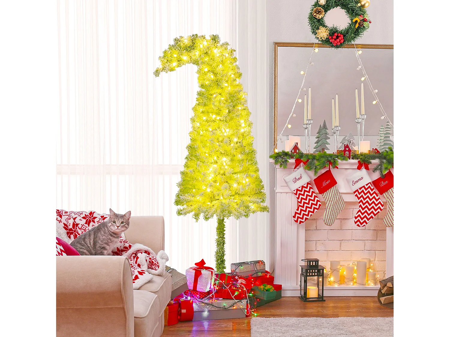 Sapin de Noël Artificiel Pré-éclairé de 180 cm avec Embout Flexible 290 Branches 120 LED Blanc Chaud 8 Modes Forme Crayon Fine et Incurvée
