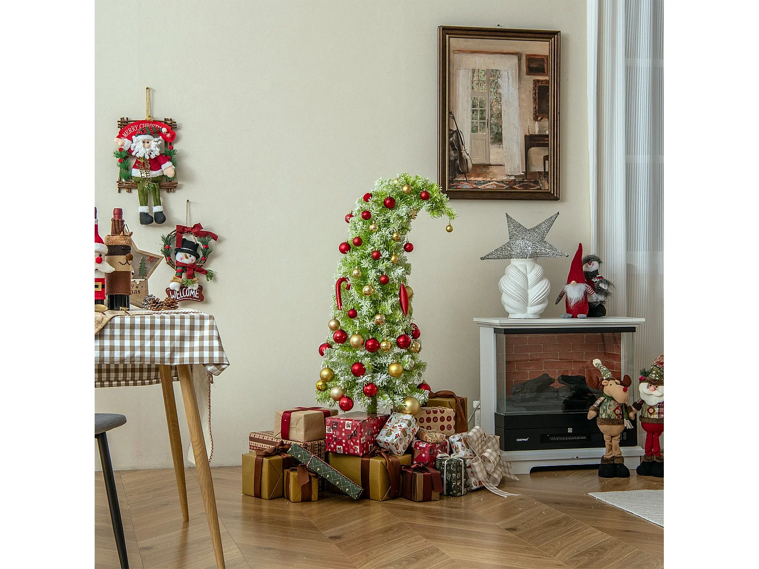 Sapin de Noël Artificiel Pré-éclairé de 180 cm avec Embout Flexible 290 Branches 120 LED Blanc Chaud 8 Modes Forme Crayon Fine et Incurvée