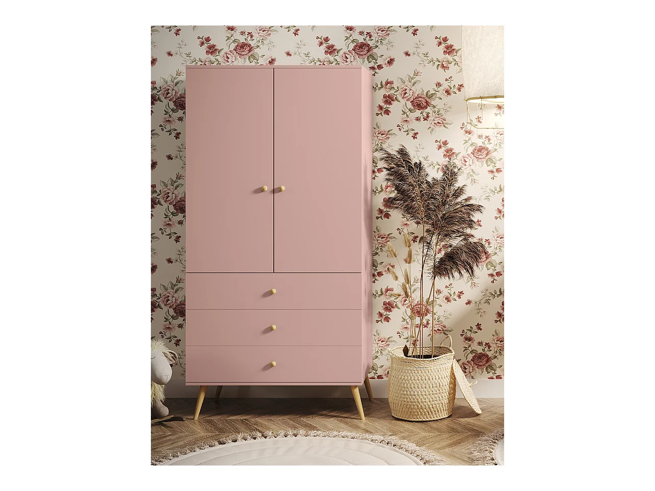 Armario Color Rosa con 3 Cajones y Barra – Patas de Madera – 202x100x52 cm – Estilo Escandinavo