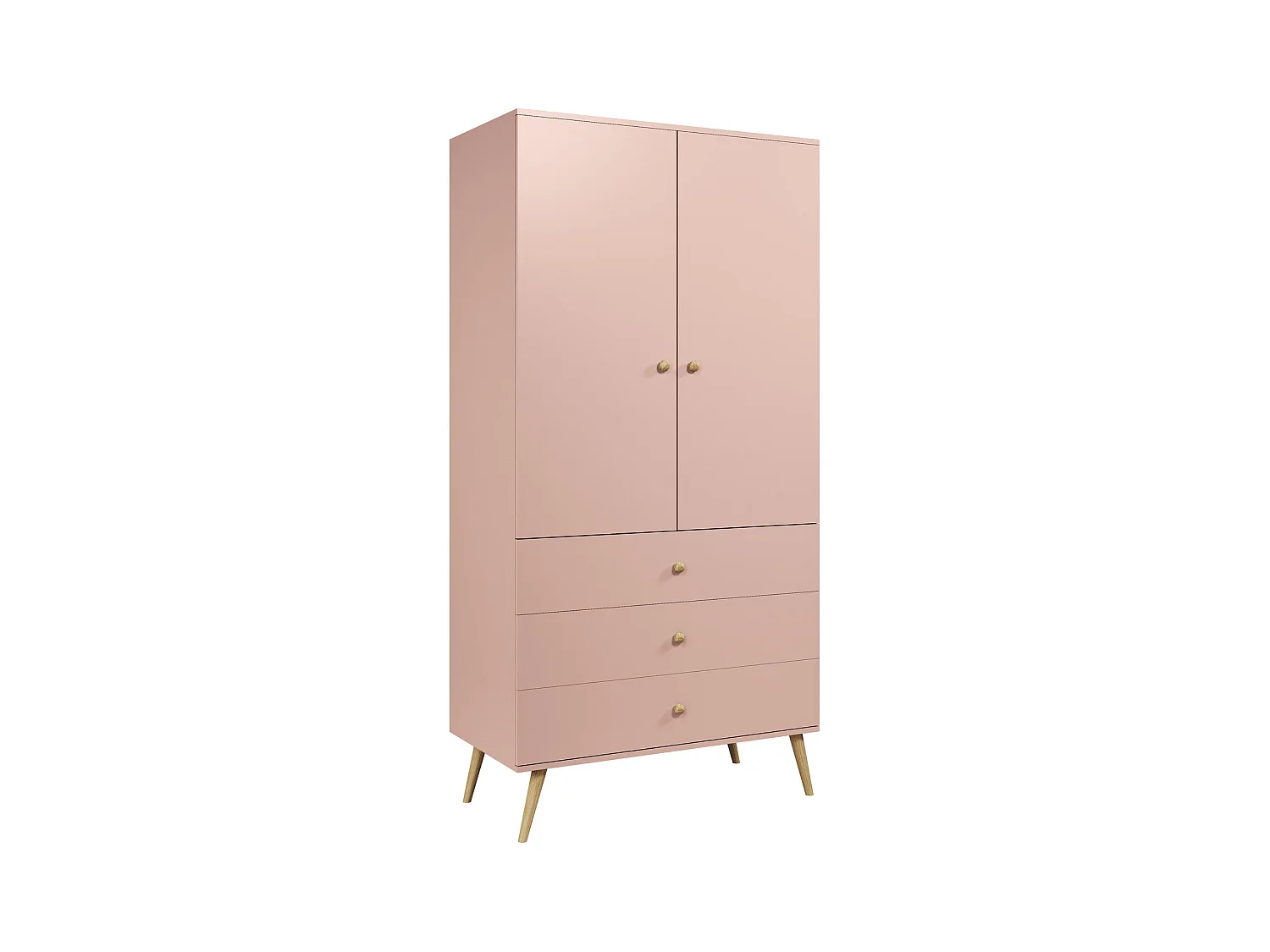 Armario Color Rosa con 3 Cajones y Barra – Patas de Madera – 202x100x52 cm – Estilo Escandinavo