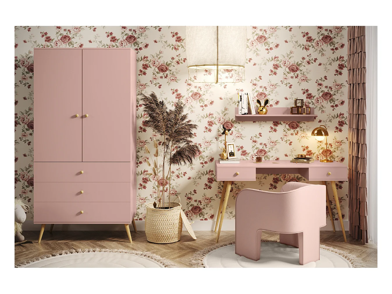 Armario Color Rosa con 3 Cajones y Barra – Patas de Madera – 202x100x52 cm – Estilo Escandinavo