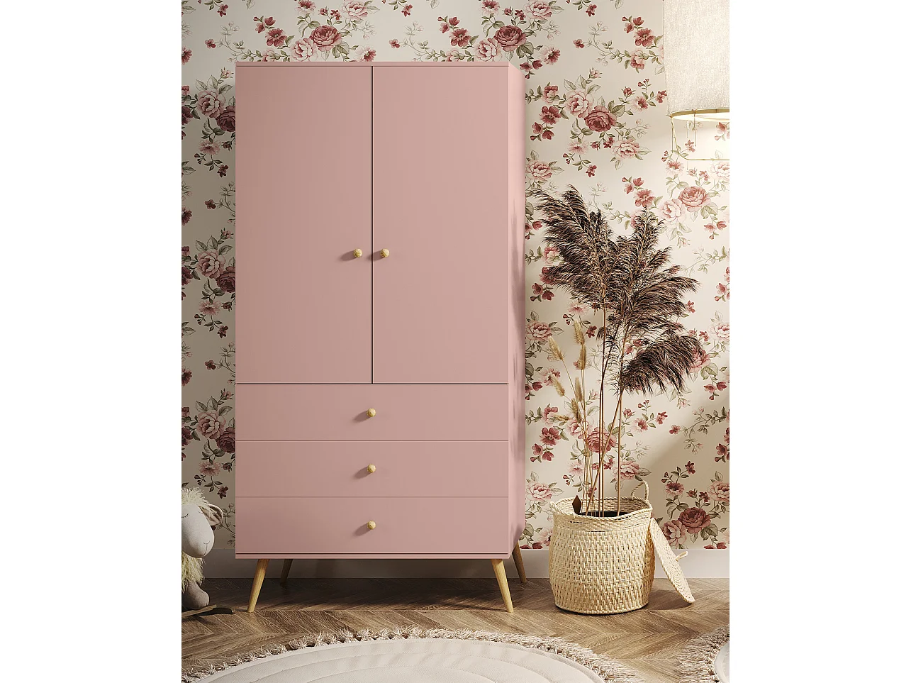 Armario Color Rosa con 3 Cajones y Barra – Patas de Madera – 202x100x52 cm – Estilo Escandinavo