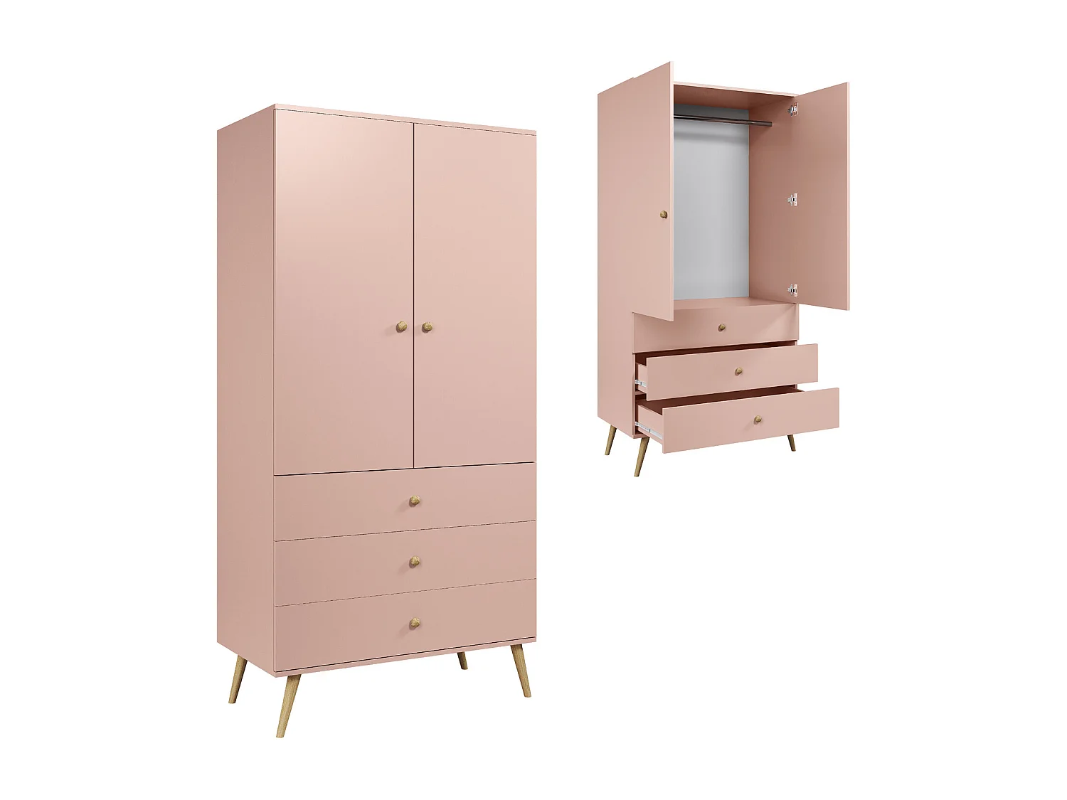 Armario Color Rosa con 3 Cajones y Barra – Patas de Madera – 202x100x52 cm – Estilo Escandinavo