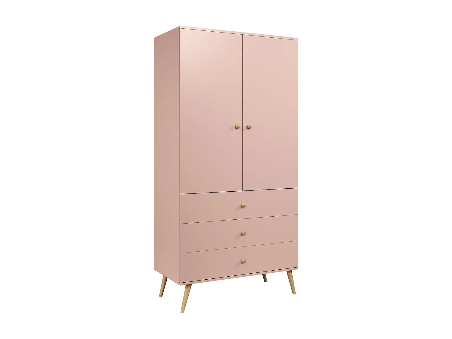 Armario Color Rosa con 3 Cajones y Barra – Patas de Madera – 202x100x52 cm – Estilo Escandinavo