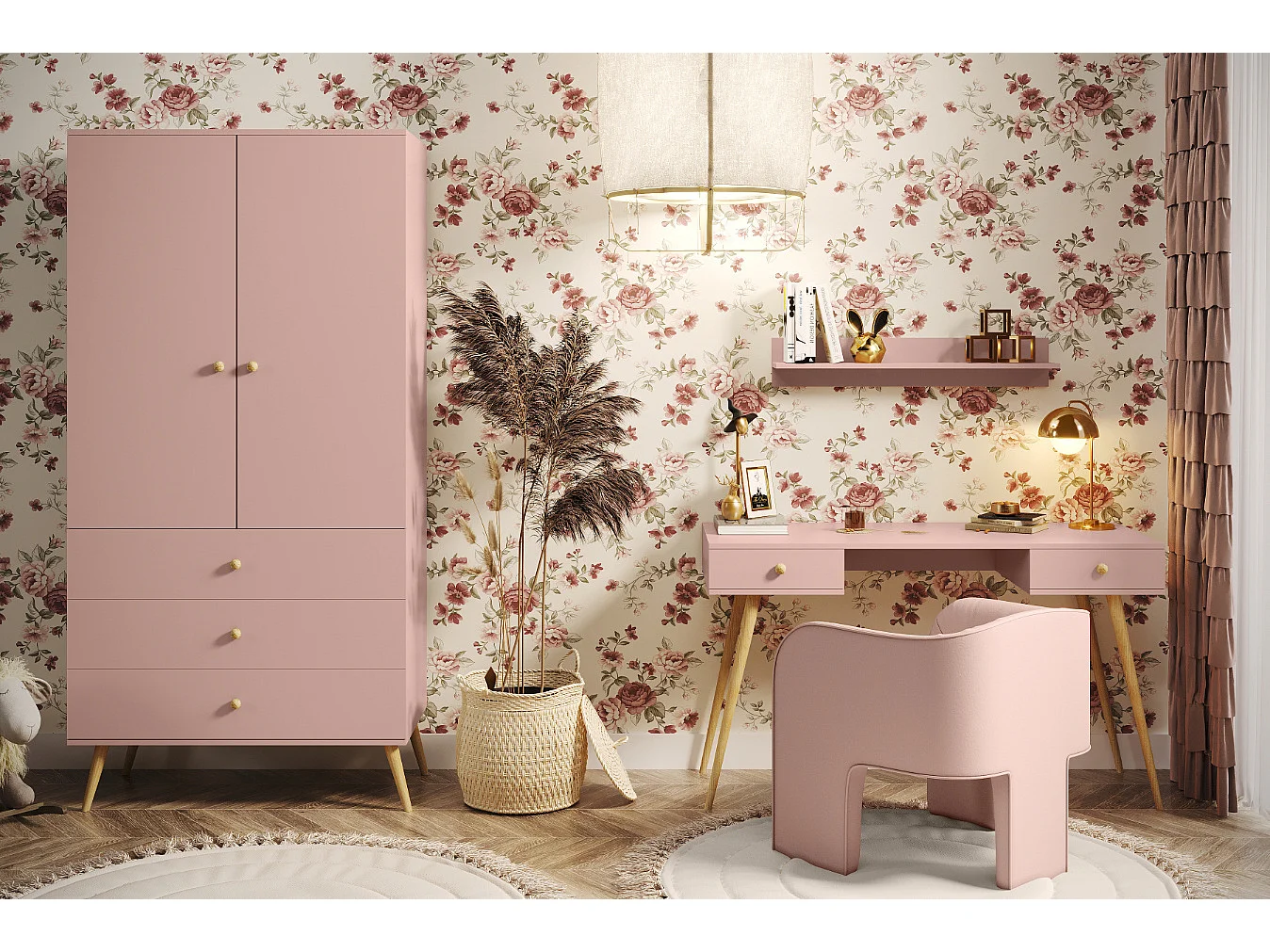 Armario Color Rosa con 3 Cajones y Barra – Patas de Madera – 202x100x52 cm – Estilo Escandinavo