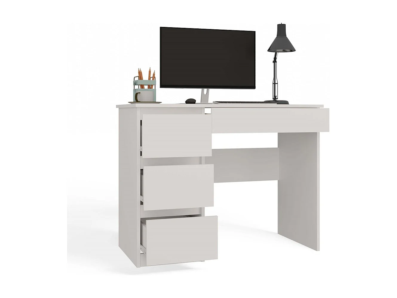 Escritorio Blanco 98x76x51 cm con Almacenaje Izquierdo – 4 Cajones – Ideal para Oficina o Hogar - Diseño Compacto