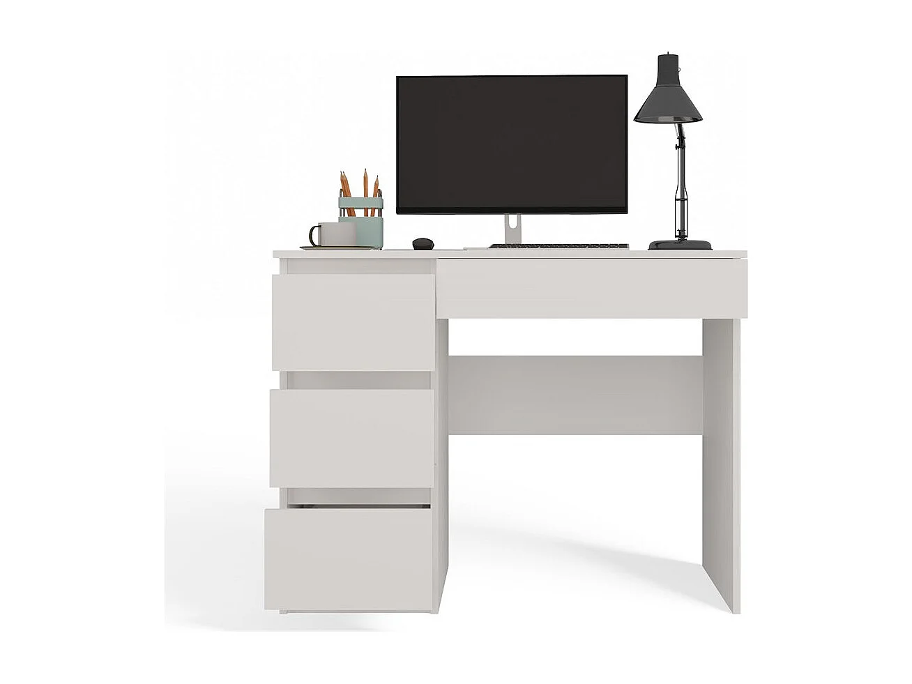 Escritorio Blanco 98x76x51 cm con Almacenaje Izquierdo – 4 Cajones – Ideal para Oficina o Hogar - Diseño Compacto