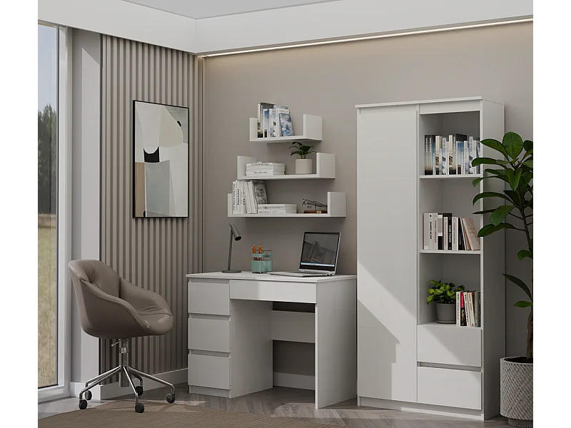 Escritorio Blanco 98x76x51 cm con Almacenaje Izquierdo – 4 Cajones – Ideal para Oficina o Hogar - Diseño Compacto