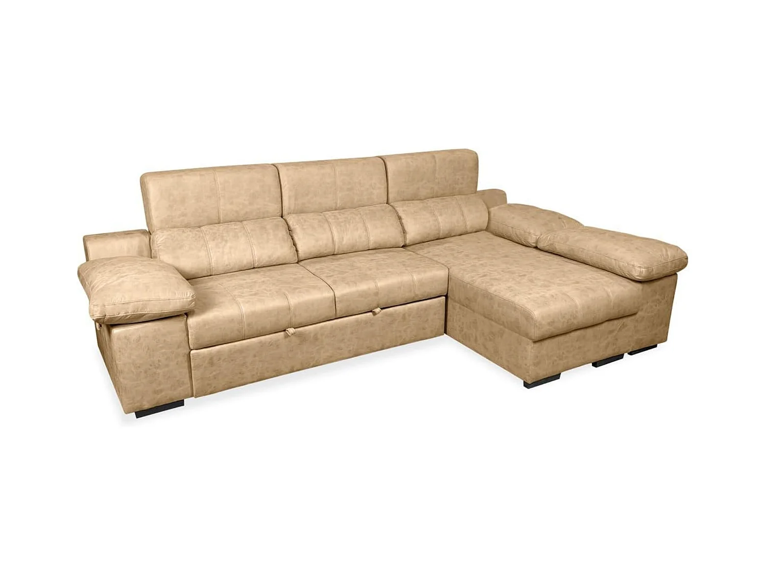 Sofá con Chaiselongue Reversible Color Piedra, Asientos Extensibles y Arcón, 291x160x104 cm, Tapizado en Tela