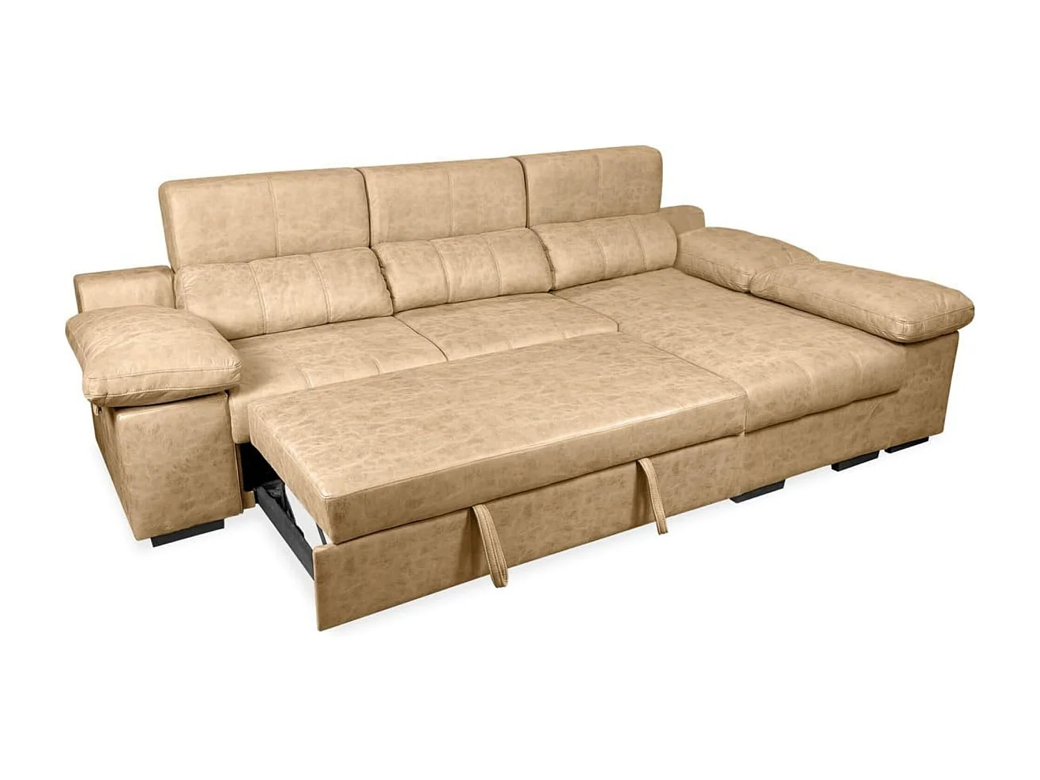 Sofá con Chaiselongue Reversible Color Piedra, Asientos Extensibles y Arcón, 291x160x104 cm, Tapizado en Tela