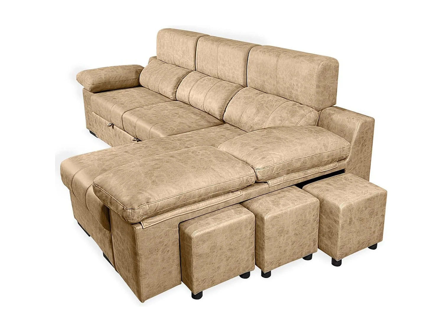 Sofá con Chaiselongue Reversible Color Piedra, Asientos Extensibles y Arcón, 291x160x104 cm, Tapizado en Tela