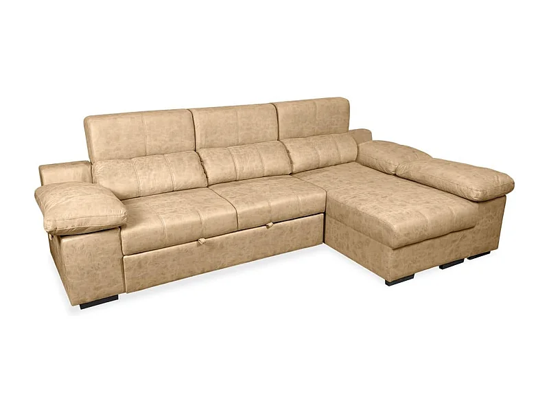 Sofá con Chaiselongue Reversible Color Piedra, Asientos Extensibles y Arcón, 291x160x104 cm, Tapizado en Tela