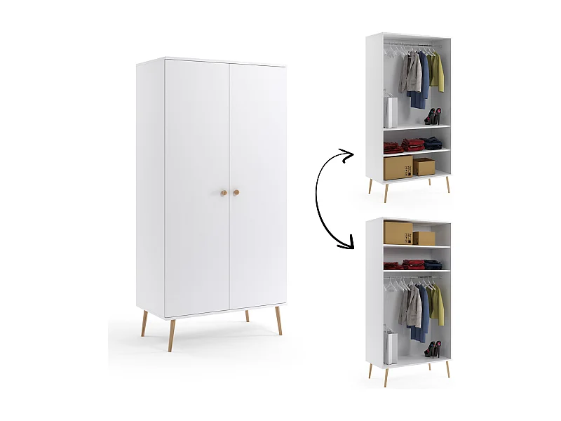 Armario Blanco Estilo Escandinavo – 2 Estantes y Barra – Disponible para Salón o Dormitorio 202x100x52 cm