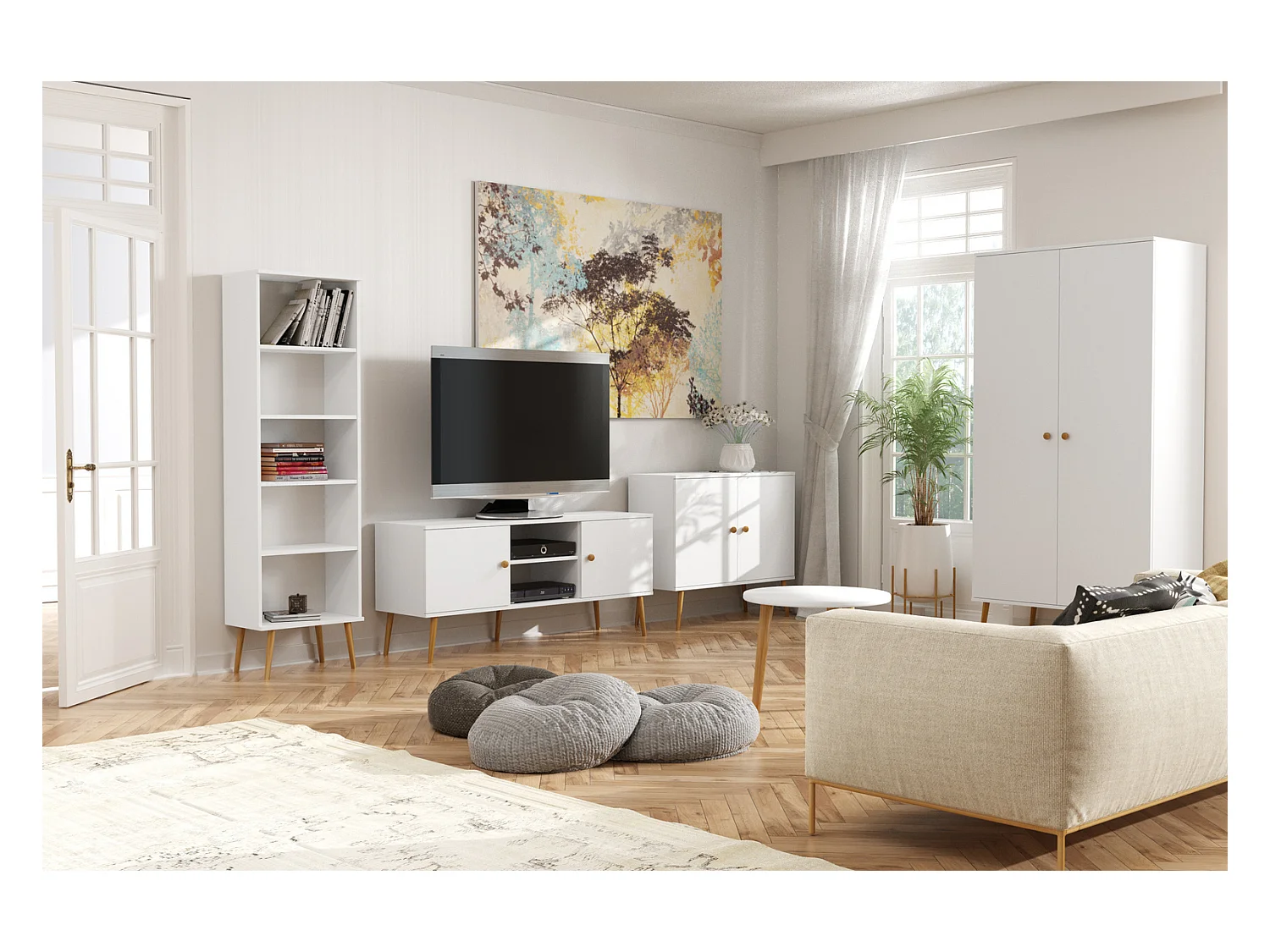 Armario Blanco Estilo Escandinavo – 2 Estantes y Barra – Disponible para Salón o Dormitorio 202x100x52 cm