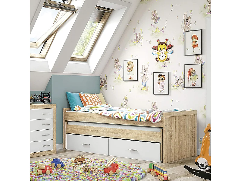 Cama Nido Juvenil con Dos Camas y Dos Cajones - Dormitorio en Cambria y Blanco - 200,5 x 98 x 72 cm