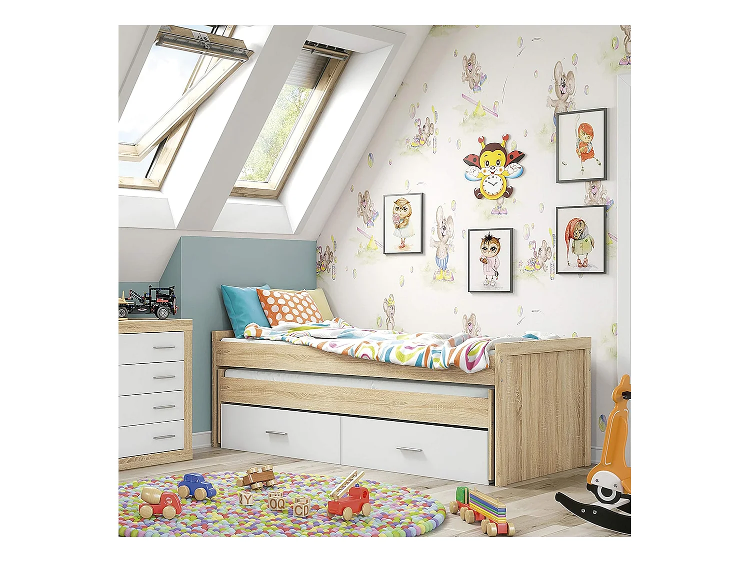 Cama Nido Juvenil con Dos Camas y Dos Cajones - Dormitorio en Cambria y Blanco - 200,5 x 98 x 72 cm