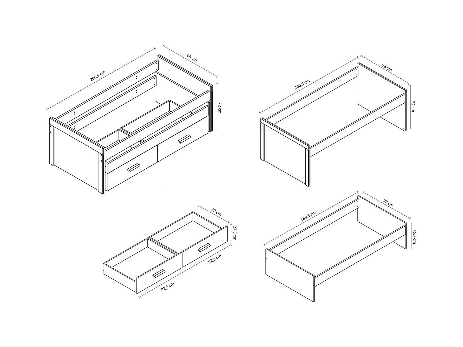 Cama Nido Juvenil con Dos Camas y Dos Cajones - Dormitorio en Cambria y Blanco - 200,5 x 98 x 72 cm