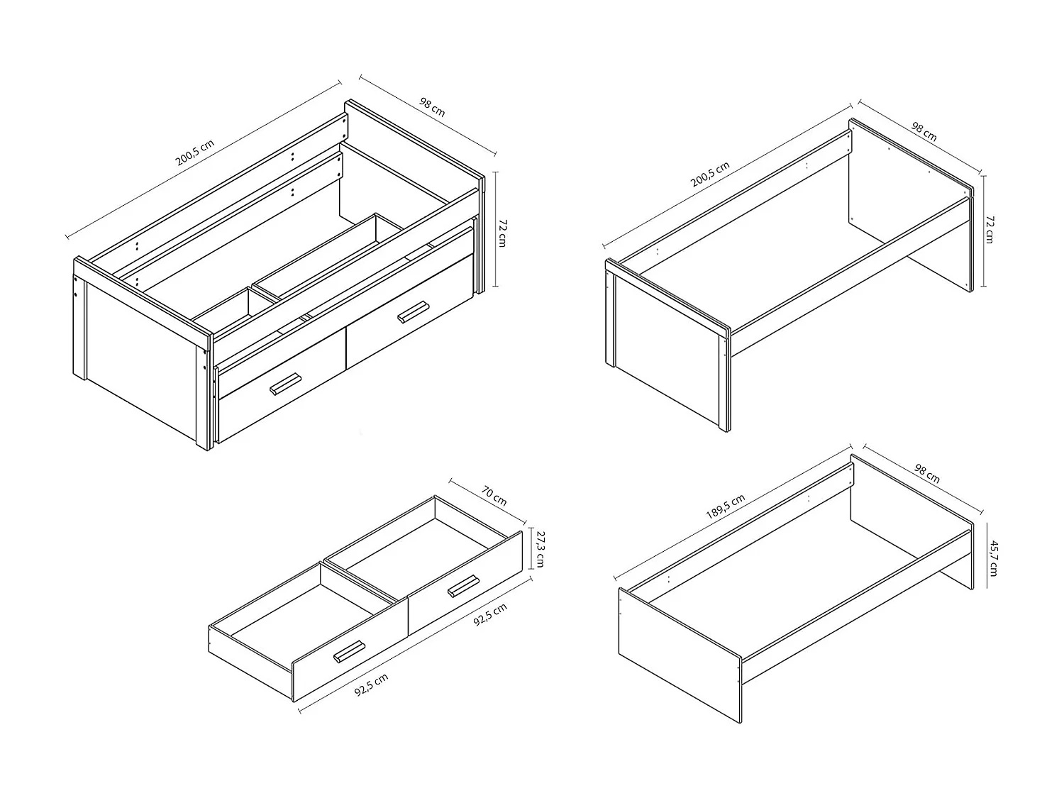 Cama Nido Juvenil con Dos Camas y Dos Cajones - Dormitorio en Cambria y Blanco - 200,5 x 98 x 72 cm