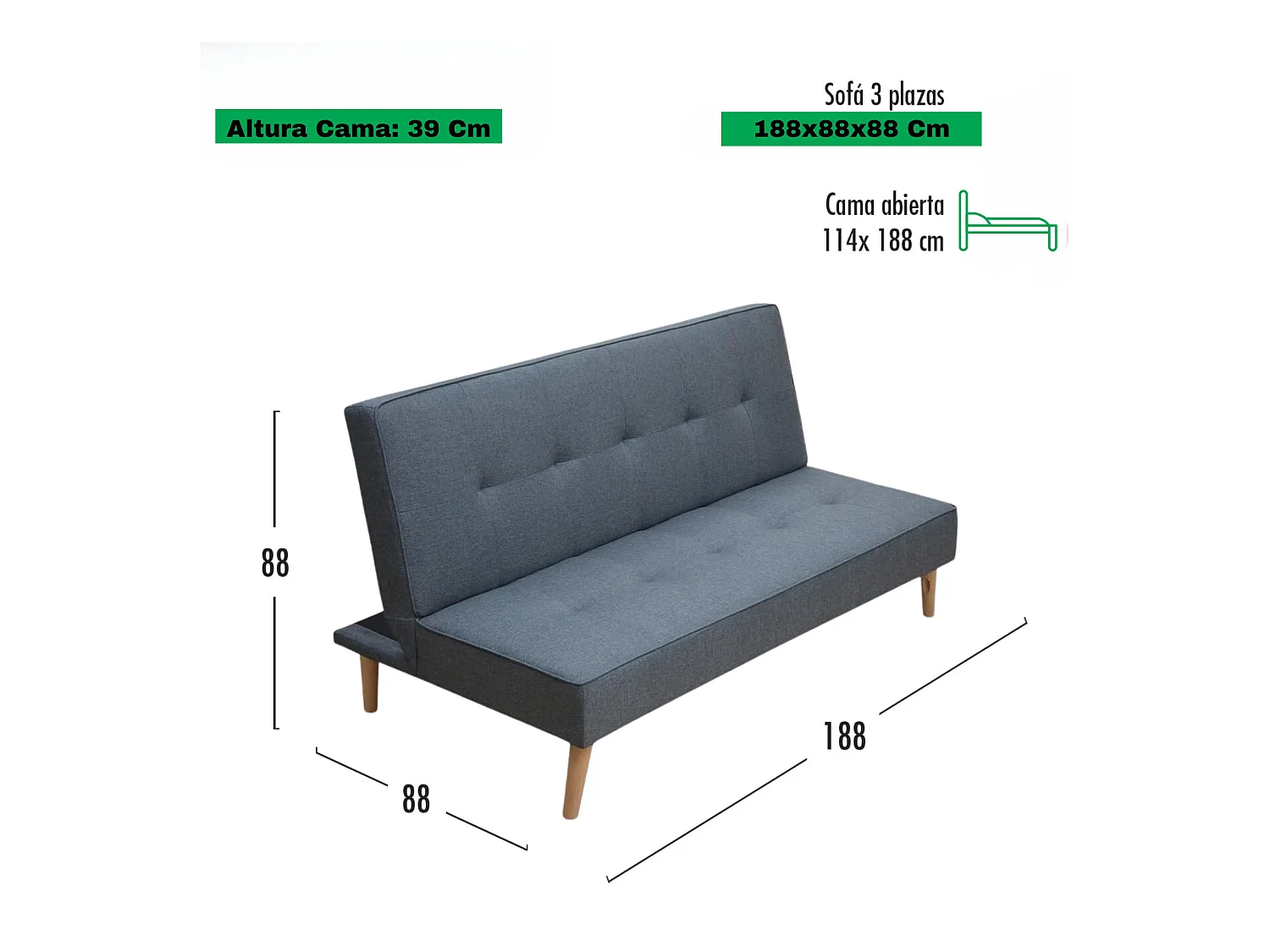 Sofá Cama Clic Clac 3 Plazas Tipo Libro, Color Gris, Diseño Moderno, 188x88x88 cm