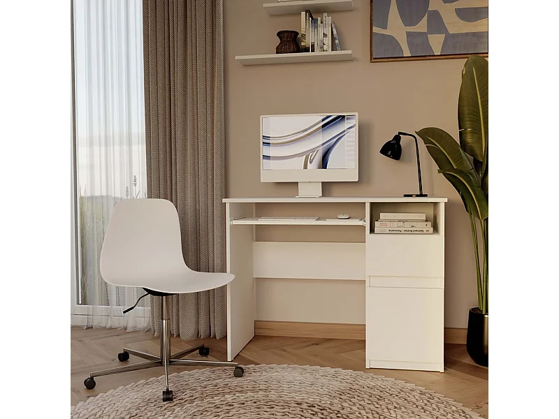Escritorio para Ordenador Blanco 98,5x75,5x51 cm  – Almacenaje Lateral con Cajón y Puerta Lado Derecho – Estilo Minimalista