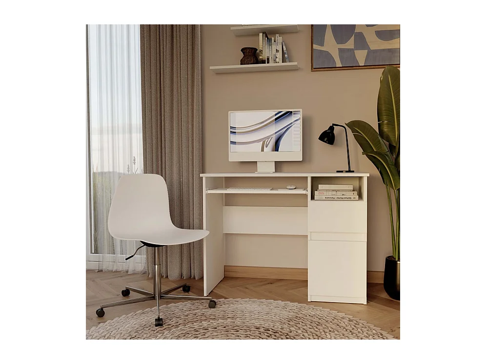 Escritorio para Ordenador Blanco 98,5x75,5x51 cm  – Almacenaje Lateral con Cajón y Puerta Lado Derecho – Estilo Minimalista