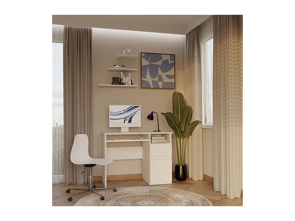 Escritorio para Ordenador Blanco 98,5x75,5x51 cm  – Almacenaje Lateral con Cajón y Puerta Lado Derecho – Estilo Minimalista