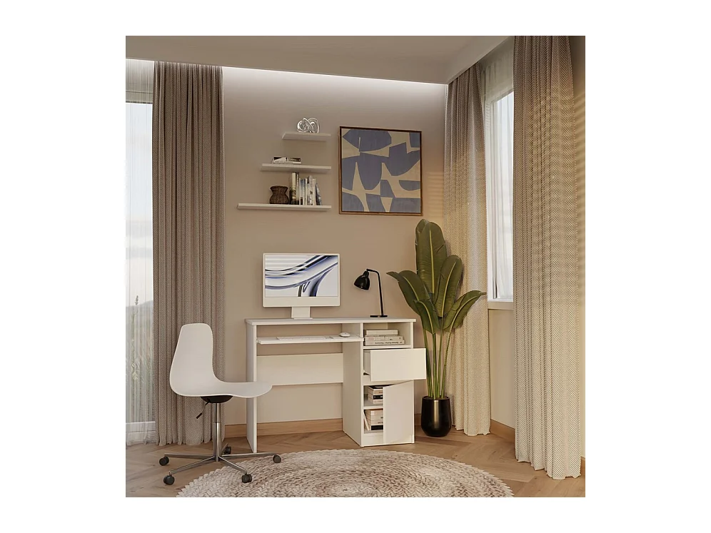 Escritorio para Ordenador Blanco 98,5x75,5x51 cm  – Almacenaje Lateral con Cajón y Puerta Lado Derecho – Estilo Minimalista