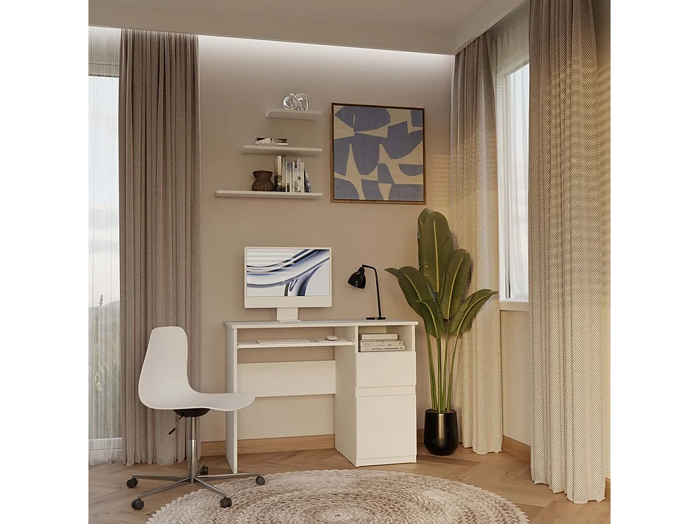 Escritorio para Ordenador Blanco 98,5x75,5x51 cm  – Almacenaje Lateral con Cajón y Puerta Lado Derecho – Estilo Minimalista