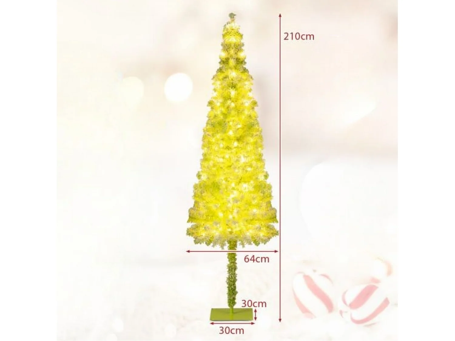 Sapin de Noël Artificiel Pré-éclairé de 210 cm avec Embout Flexible 366 Branches 160 LED Blanc Chaud 8 Modes Forme Crayon Fine et Incurvée