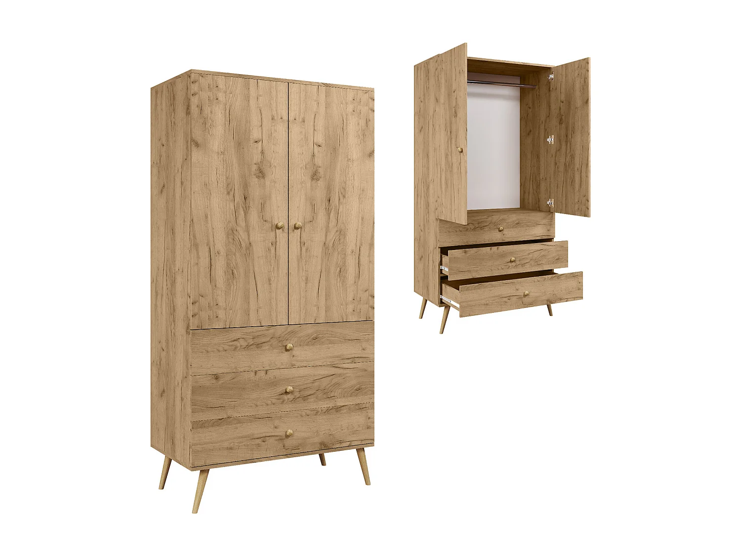 Armario Color Roble con 3 Cajones y Barra – Patas de Madera – 202x100x52 cm – Estilo Escandinavo