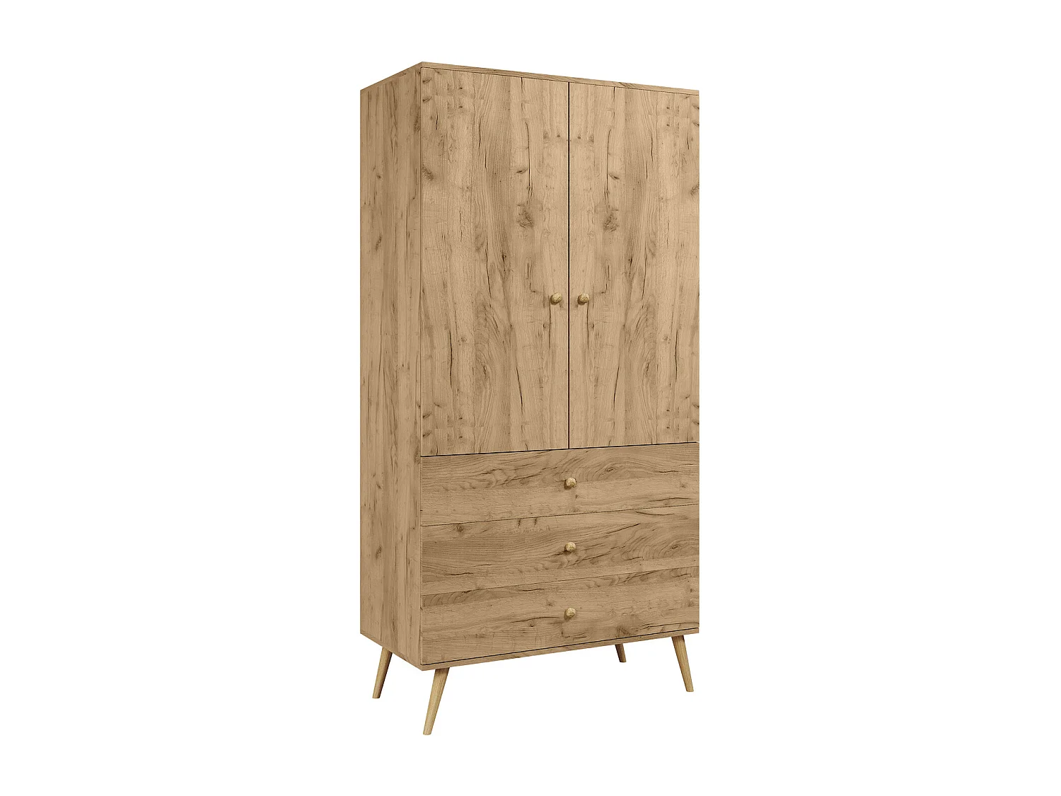 Armario Color Roble con 3 Cajones y Barra – Patas de Madera – 202x100x52 cm – Estilo Escandinavo