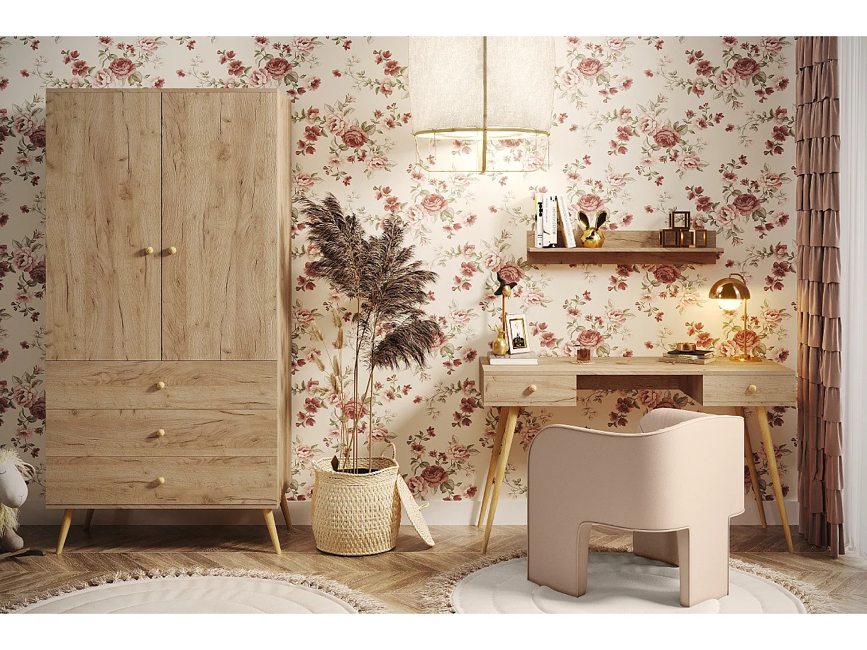 Armario Color Roble con 3 Cajones y Barra – Patas de Madera – 202x100x52 cm – Estilo Escandinavo