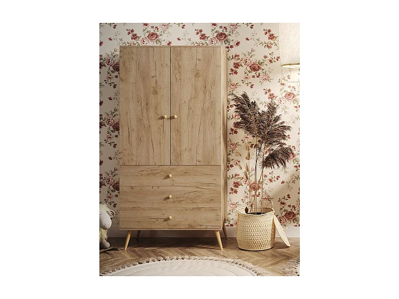 Armario Color Roble con 3 Cajones y Barra – Patas de Madera – 202x100x52 cm – Estilo Escandinavo