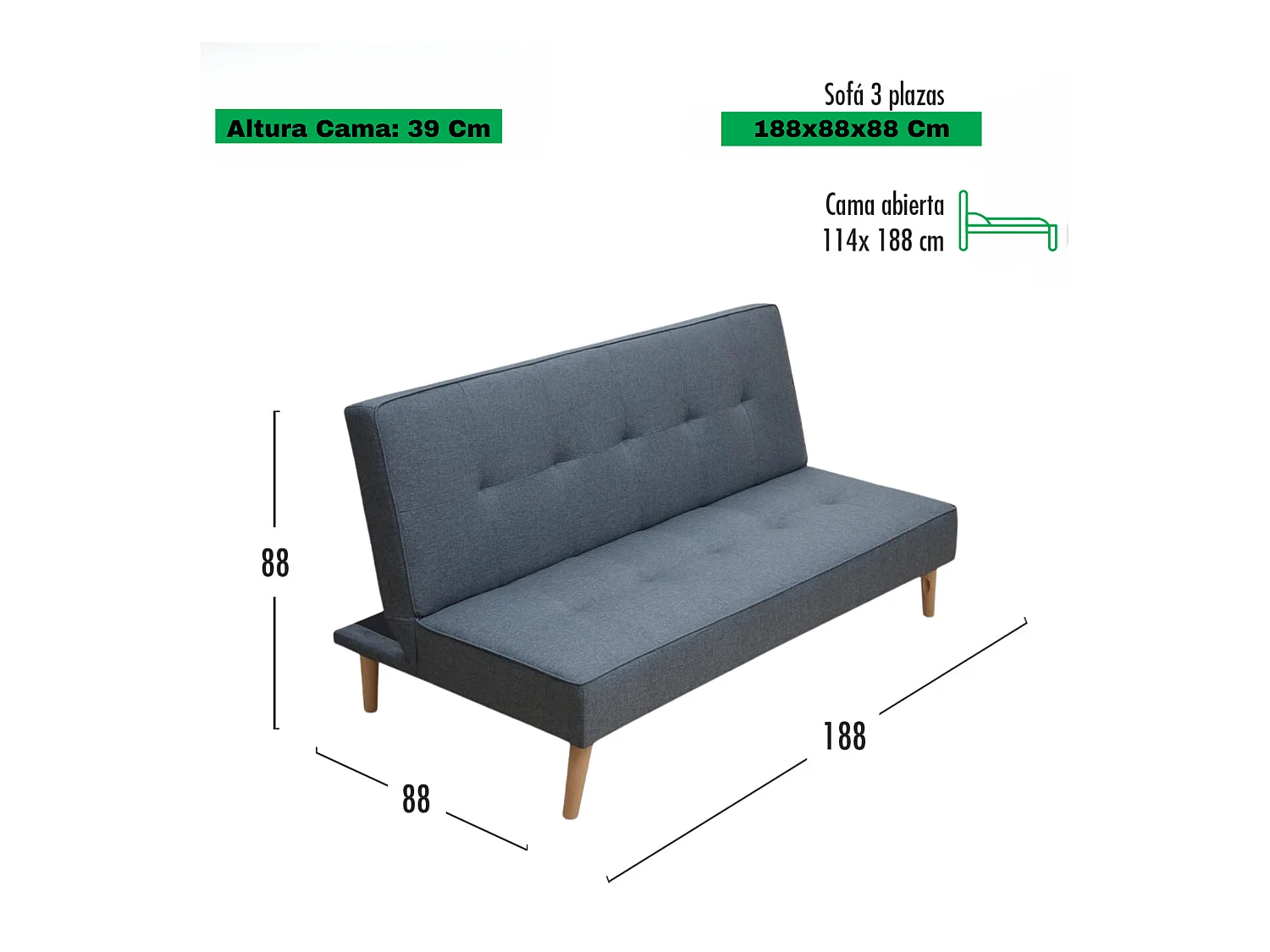 Meyvaser Sofá Cama de 2 Plazas - 188 x 88 x 88 cm - Apertura Clic-Clac - Máximo Relax, Confort y Resistencia Color gris-Azul
