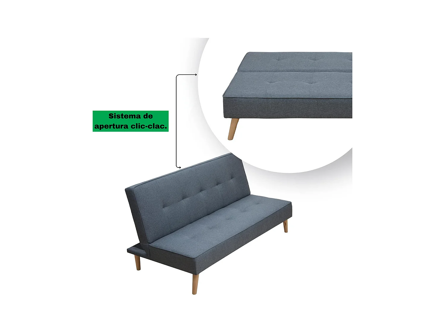 Meyvaser Sofá Cama de 2 Plazas - 188 x 88 x 88 cm - Apertura Clic-Clac - Máximo Relax, Confort y Resistencia Color gris-Azul