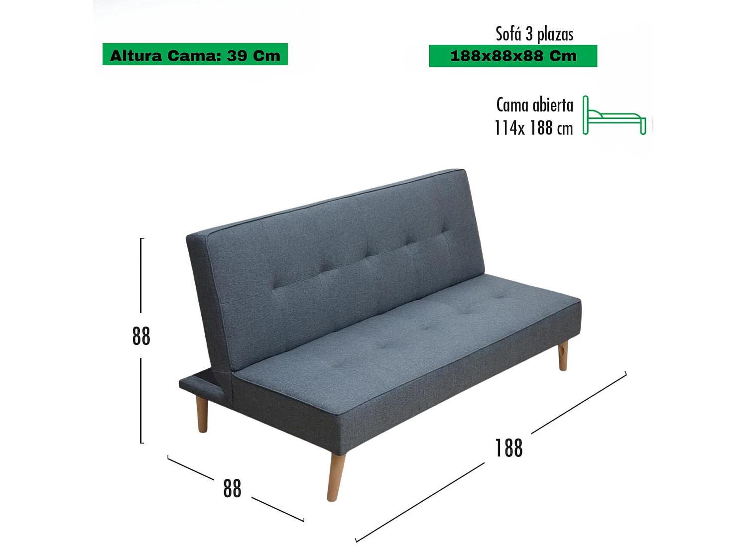 Meyvaser Sofá Cama de 2 Plazas - 188 x 88 x 88 cm - Apertura Clic-Clac - Máximo Relax, Confort y Resistencia Color gris-Azul