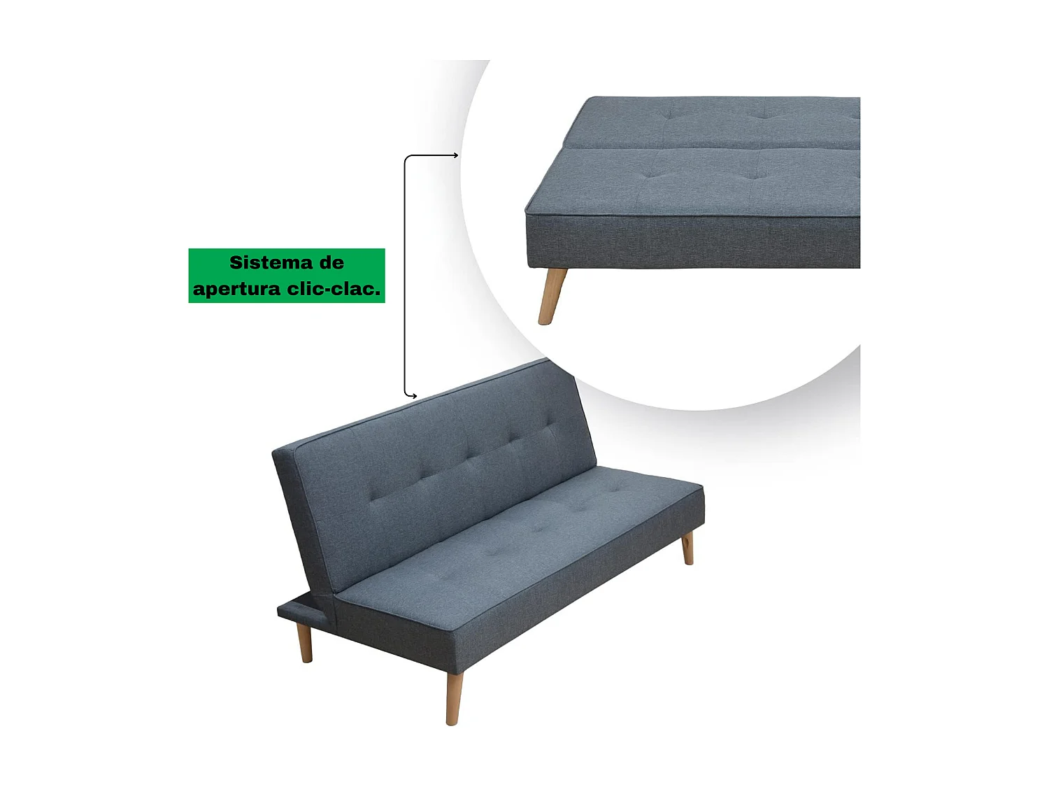 Meyvaser Sofá Cama de 2 Plazas - 188 x 88 x 88 cm - Apertura Clic-Clac - Máximo Relax, Confort y Resistencia Color gris-Azul