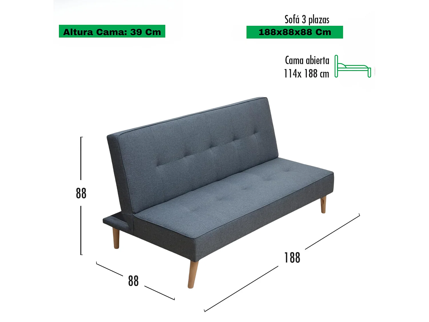 Meyvaser Sofá Cama de 2 Plazas - 188 x 88 x 88 cm - Apertura Clic-Clac - Máximo Relax, Confort y Resistencia Color gris-Azul