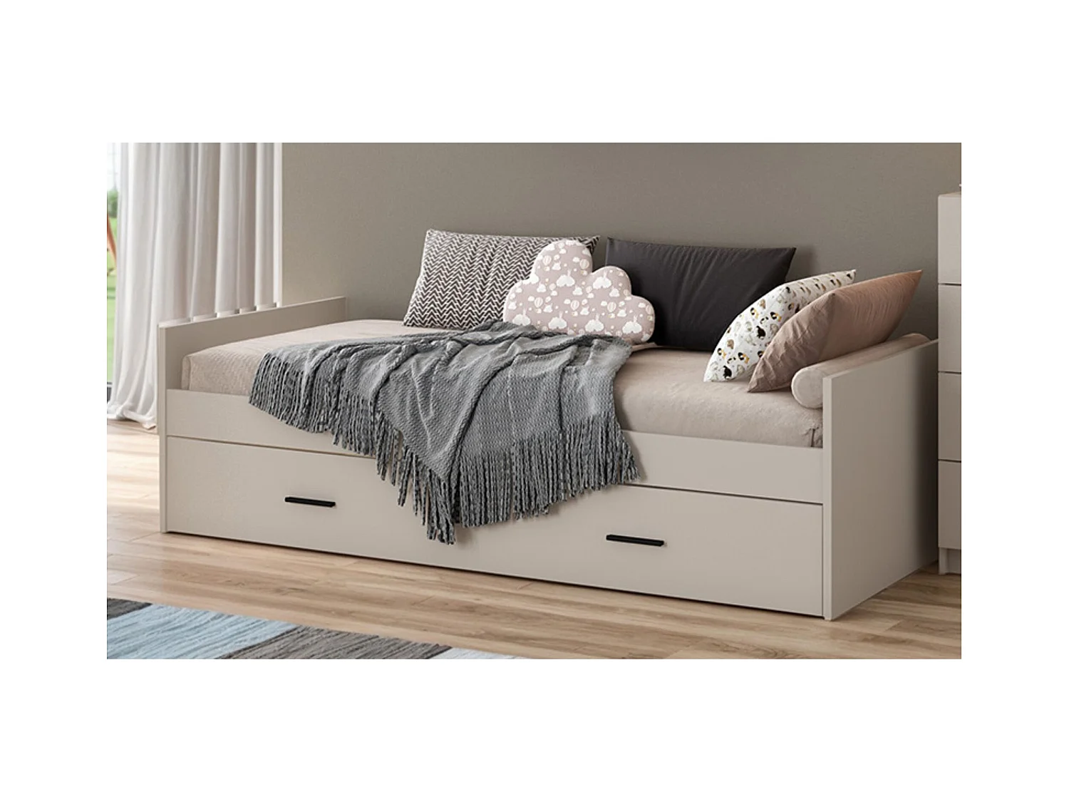 Cama Nido con 1 Cajón de Almacenaje – Beige y Negro, 202,6 cm Largo x 98 cm Ancho x 58 cm Alto, Primera Calidad y Alta Resistencia.