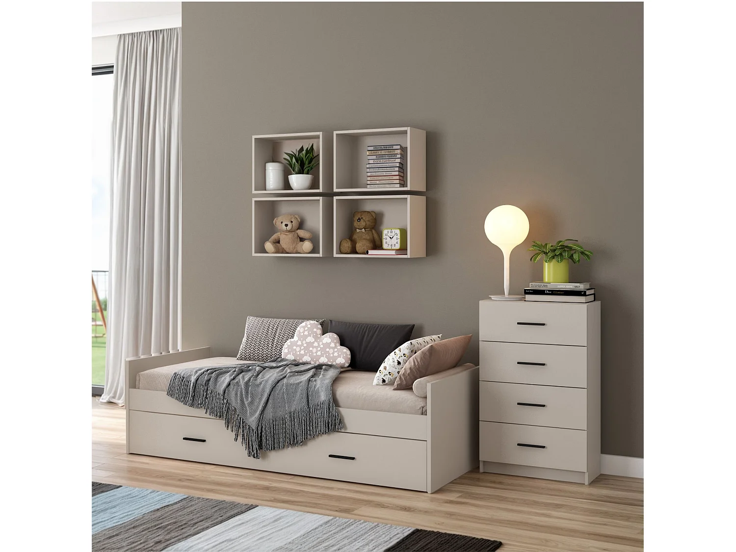 Cama Nido con 1 Cajón de Almacenaje – Beige y Negro, 202,6 cm Largo x 98 cm Ancho x 58 cm Alto, Primera Calidad y Alta Resistencia.