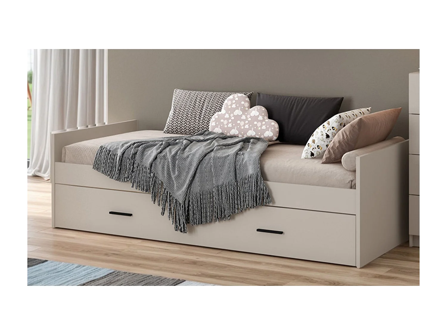 Cama Nido con 1 Cajón de Almacenaje – Beige y Negro, 202,6 cm Largo x 98 cm Ancho x 58 cm Alto, Primera Calidad y Alta Resistencia.