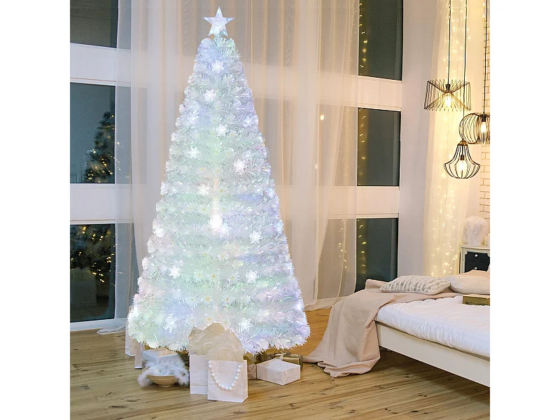 Albero di natale in fibra ottica da 210cm con foglie iridescenti stella in cima e luci LED, Albero decorativo per feste Bianco
