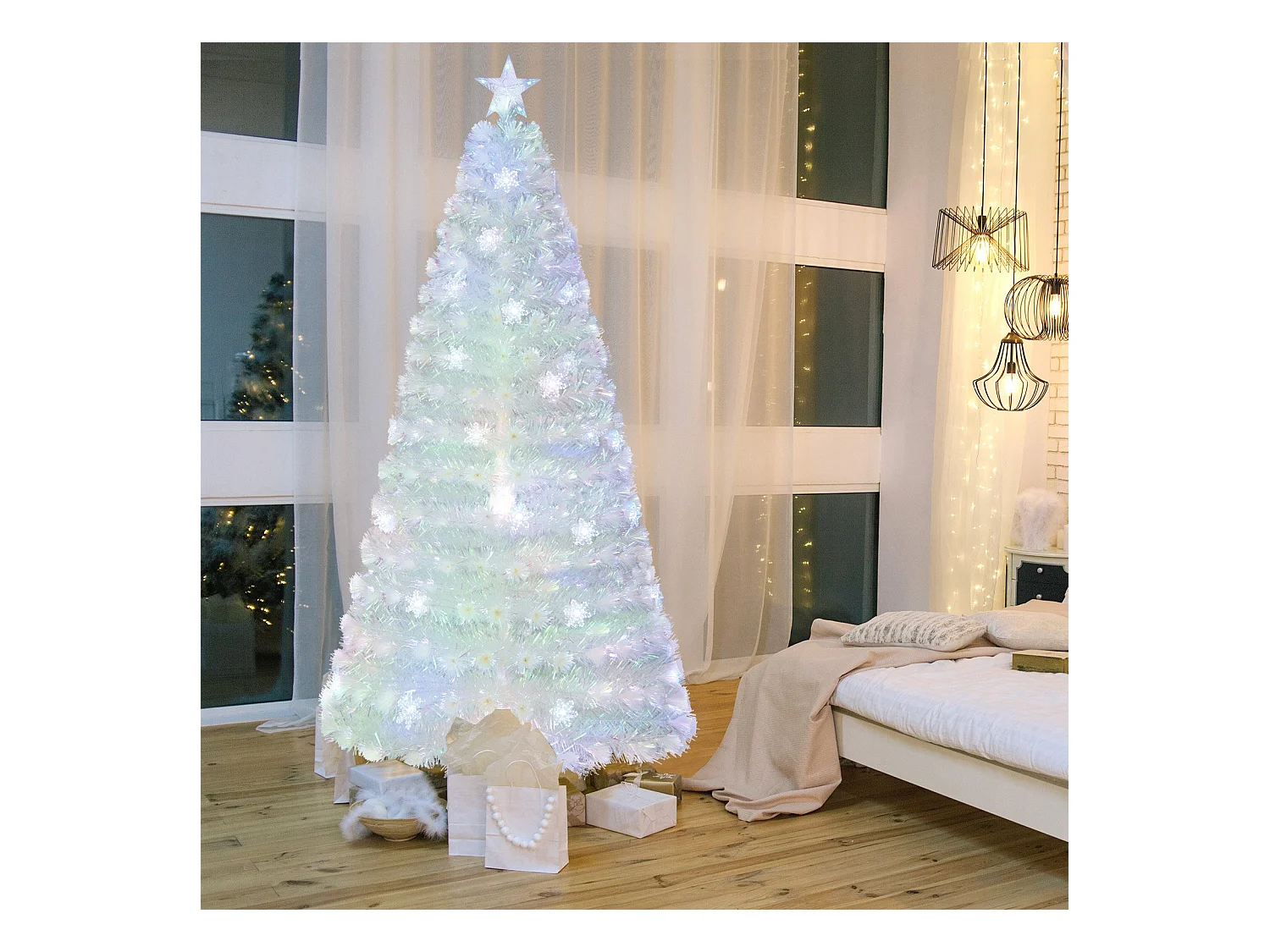 Albero di natale in fibra ottica da 210cm con foglie iridescenti stella in cima e luci LED, Albero decorativo per feste Bianco
