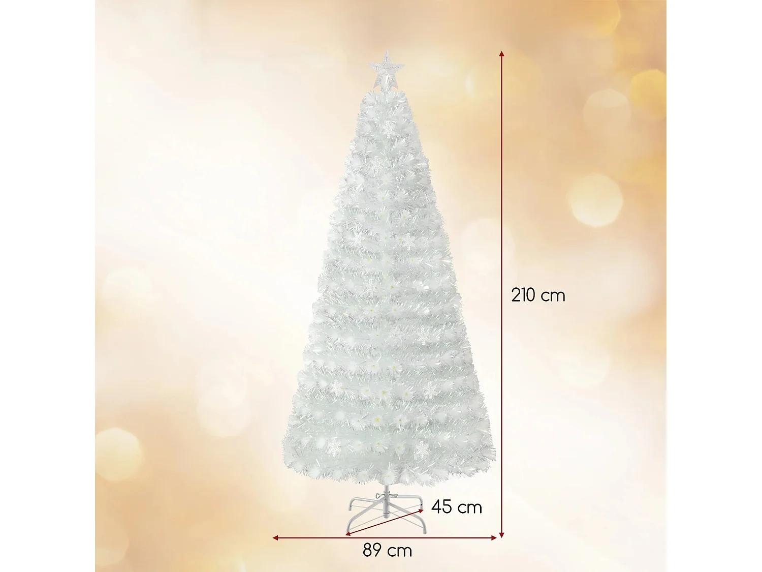 Albero di natale in fibra ottica da 210cm con foglie iridescenti stella in cima e luci LED, Albero decorativo per feste Bianco